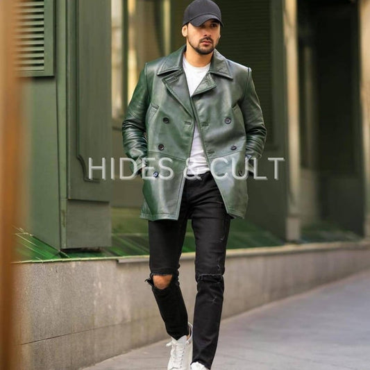 Mens Olive Green Double Breasted Leather Trench Coat Short Coat