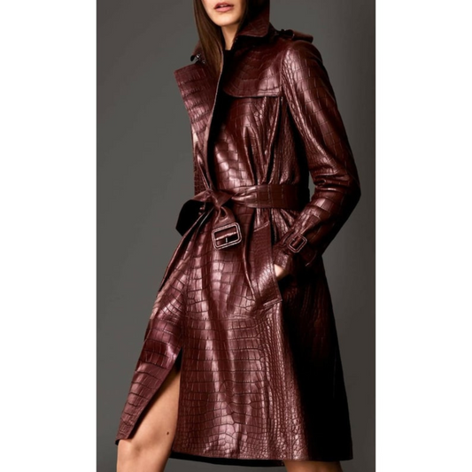 Women's Burgundy Red Croc Embossed Effect Double Breasted Leather Trench Coat/Long Coat | Hides&Cult