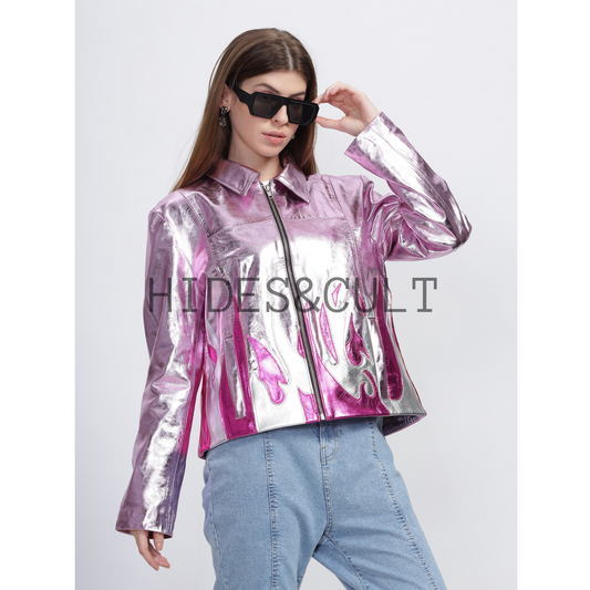 Women Pink Metallic Foil Fire Pattern Effect Real Leather Jacket