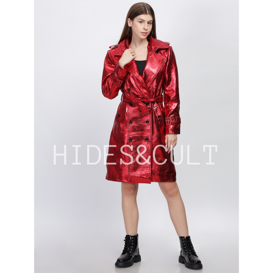 Womens Cherry Red Metallic Foil Effect Double Breasted Belted Leather Trench Coat Long Coat