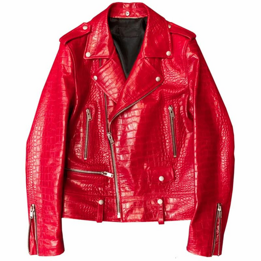 Men's Red Croc Embossed Effect Motorcycle Biker Leather Jacket