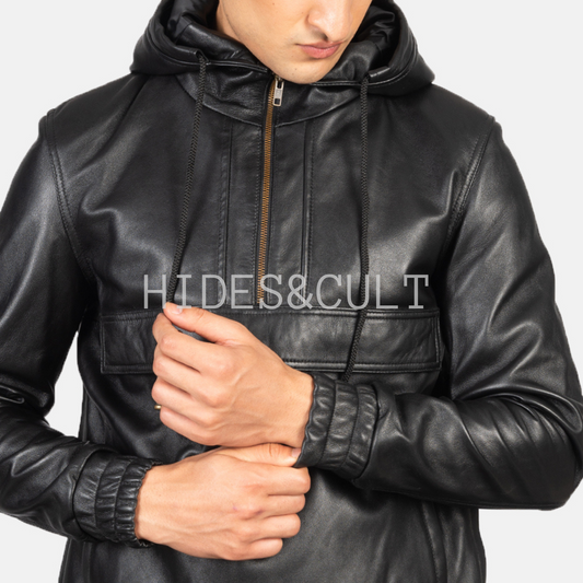 Men's Black Genuine Leather Hooded Pullover Jacket